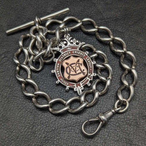 Cadena Albert de plata de ley antigua británica de alrededor de 1900, 52 g, con colgante de medalla de plata de ley