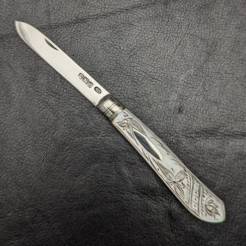 1902 British Antique White Pearl Carved Handle Pure Silver Blade Folding Pen Knife