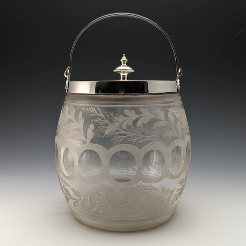 英国ヴィンテージ カットガラス ビスケットバレル シルバープレート蓋 803g