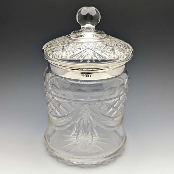1928年 英国ヴィンテージ カットガラス ビスケットバレル 純銀装飾 831g