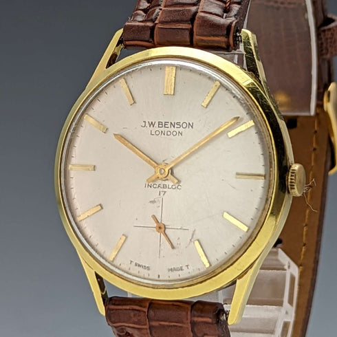 British vintage Benson men's wristwatch gold plated case 17 stones works well
