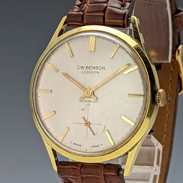 British vintage Benson men's wristwatch gold plated case 17 stones works well