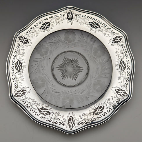 美國復古純銀邊緣裝飾切割玻璃板直徑 19 厘米