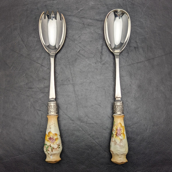 British Vintage Pottery Handle Salad Server Set