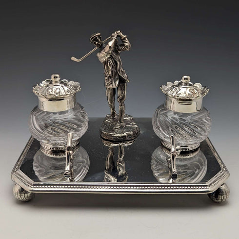 Par de tinteros y portalápices de diseño de golf en plata chapada, vintage, de origen británico