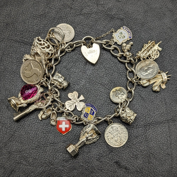 British vintage sterling silver charm bracelet 73g