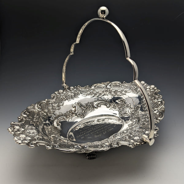 British Antique Silver Plate Large Basket Flower Engraving Operating Handle 548g