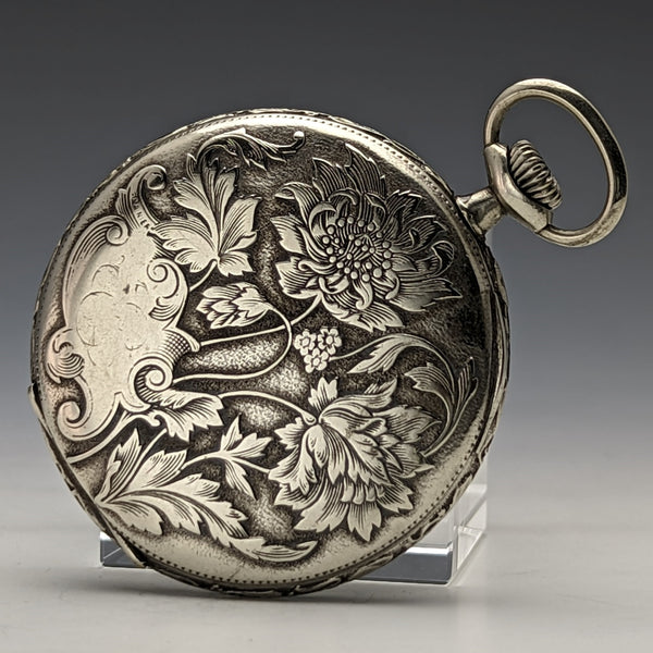Antique Mumei pocket watch Art Nouveau flower sculpture alloy case works well