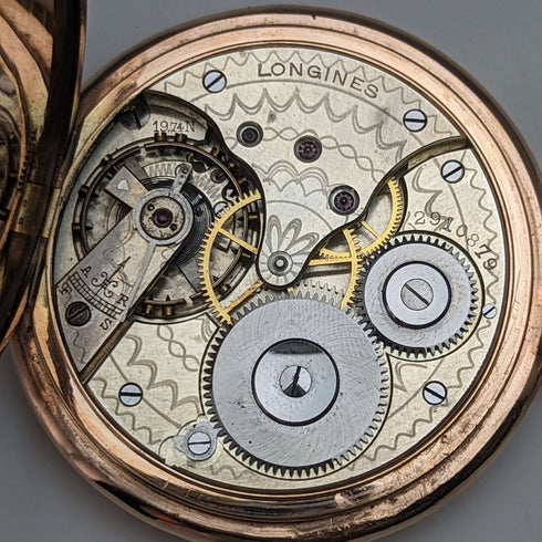 Around 1913 Antique Longines pocket watch gold plated hunter case Cal19.74N works well