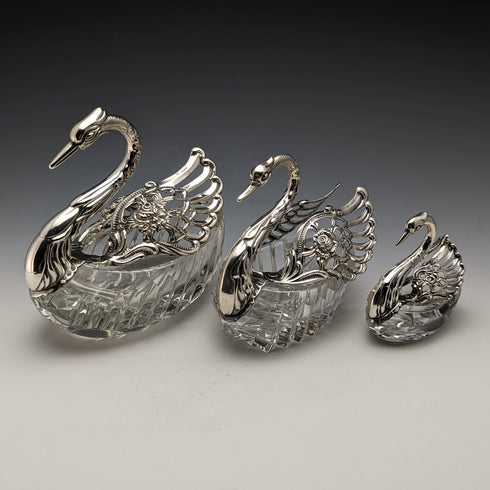 1972 British Vintage Swan Shape Sterling Silver & Cut Glass Accessory Case Large Medium Small Set of 3
