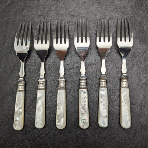 1930年 英国ヴィンテージ 白蝶貝ハンドル デザートカトラリーセット 6x2 レザーケース入