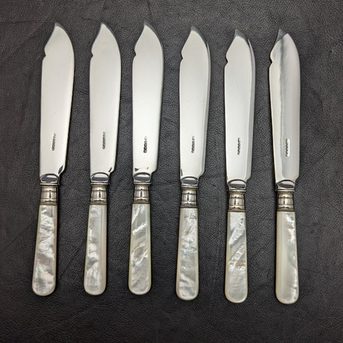 1930年 英国ヴィンテージ 白蝶貝ハンドル デザートカトラリーセット 6x2 レザーケース入