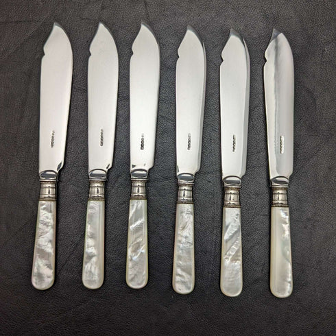 1930 British Vintage White Mother of Pearl Handle Dessert Cutlery Set 6x2 in Leather Case