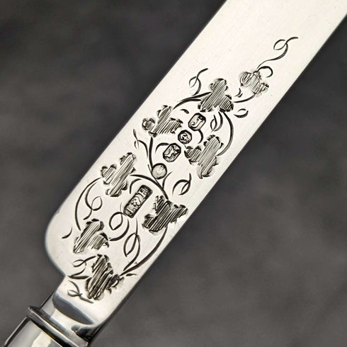 1858 British antique sterling silver blade cutlery set 6x2 in mahogany case