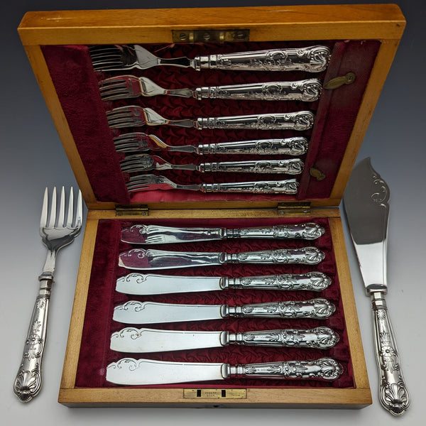 1936 年英國復古純銀手柄餐具 6x2 和服務器套裝,木盒裝