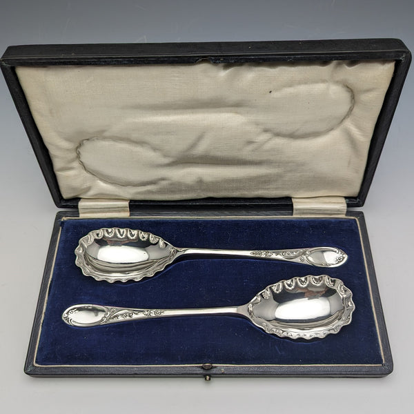 English antique silver plated serving spoon pair in case