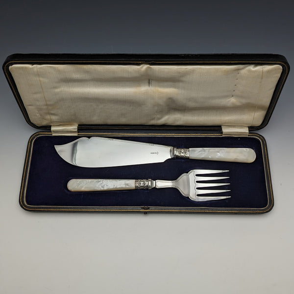 英国ヴィンテージ 白蝶貝ハンドル シルバープレート製 フィッシュサーバーセット ケース入