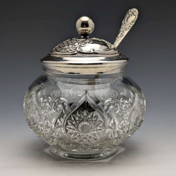 British antique cut glass jam pot silver plate lid & spoon