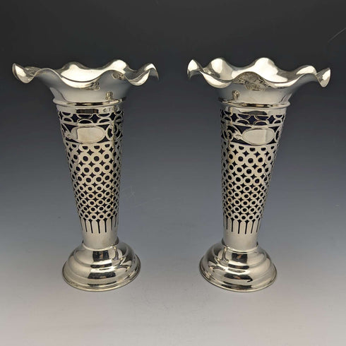 1906 British Antique Sterling Silver Large Vase Pair Cobalt Inner