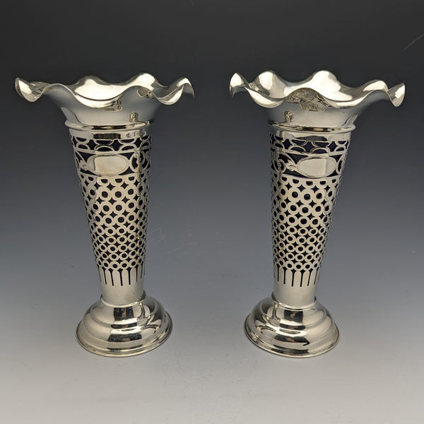1906 British Antique Sterling Silver Large Vase Pair Cobalt Inner