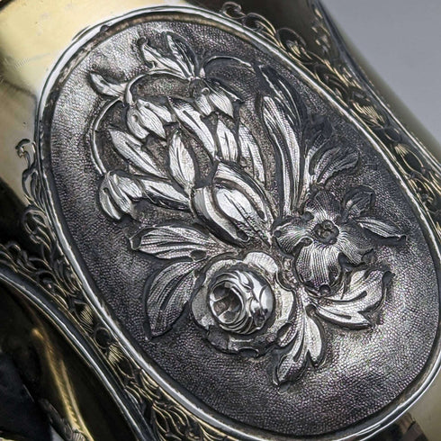 1867 British Antique Sterling Silver Gold Decorated Floral Engraving Mug 150g