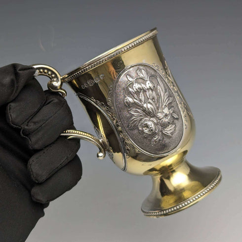 1867 British Antique Sterling Silver Gold Decorated Floral Engraving Mug 150g