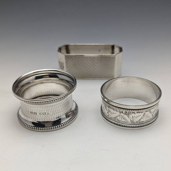 Early 1900s British Antique Sterling Silver Napkin Rings 3 Assorted