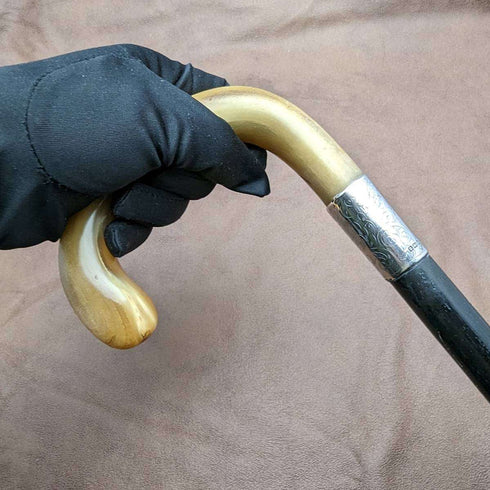 1919 British Antique Gentleman's Walking Stick with Curved Horn Handle 91cm