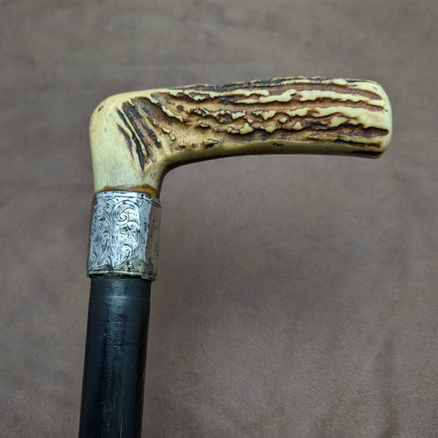 1894年 英国アンティーク 紳士用ステッキ 杖 鹿角クラッチハンドル 極太シャフト80cm