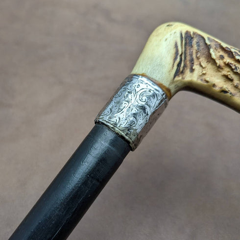 1894年 英国アンティーク 紳士用ステッキ 杖 鹿角クラッチハンドル 極太シャフト80cm