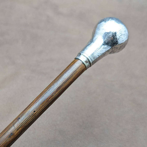 1919 British antique ladies walking stick, sterling silver, round handle, 82cm
