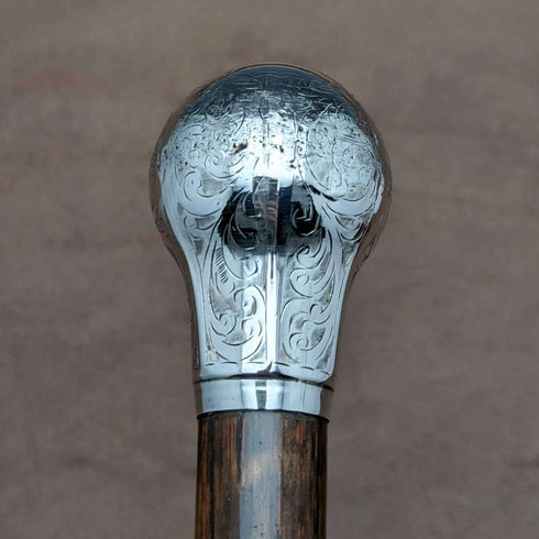 1921 British antique gentleman's walking stick, pure silver, round handle, 92cm