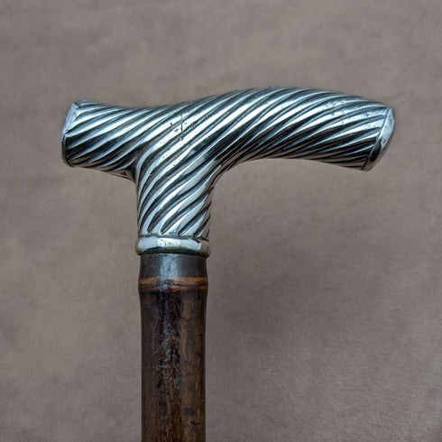1890 British Antique Men's Walking Stick Pure Silver Derby Handle 92cm