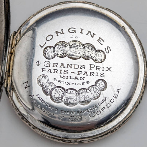 Around 1925 Vintage Longines pocket watch horse engraving hunter case on silver side works well