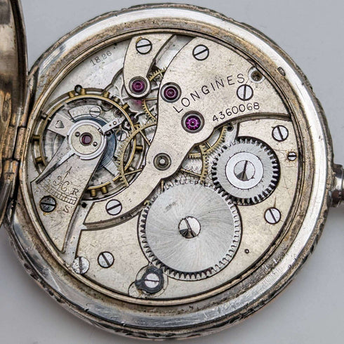 1925年頃 ヴィンテージ ロンジン 懐中時計 馬彫刻 銀側ハンターケース 動作良好