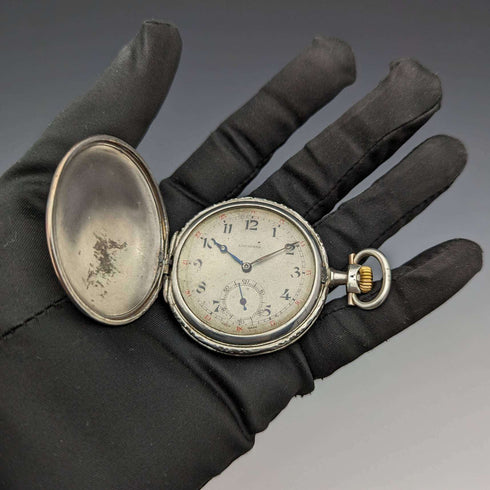 1925年頃 ヴィンテージ ロンジン 懐中時計 馬彫刻 銀側ハンターケース 動作良好
