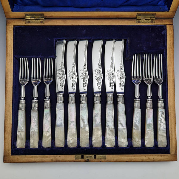 1907 British Antique White Pearl Shell Handle Sterling Silver Blade Cutlery 6 Pair Set in Wooden Box