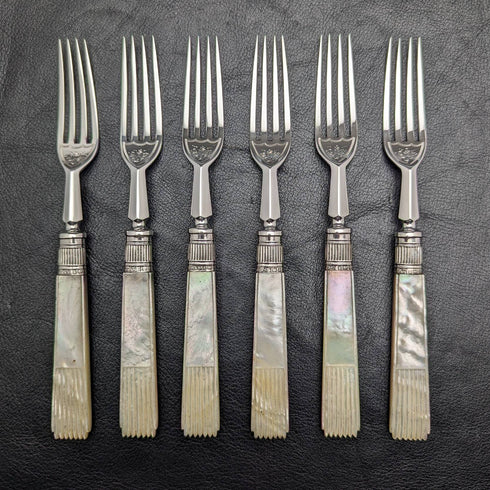 1907年 英国アンティーク 白蝶貝ハンドル 純銀ブレード カトラリー6ペアセット 木箱入り