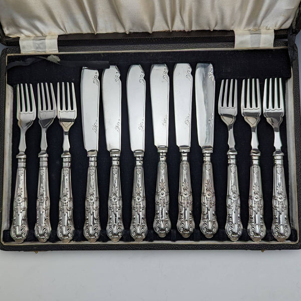 1934 British Vintage Queens Pattern Sterling Silver Handle Cutlery 6 Pairs Boxed