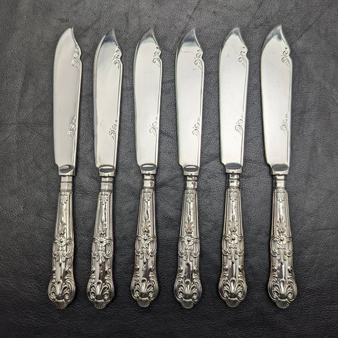 1934年 英国ヴィンテージ クイーンズパターン 純銀ハンドル カトラリー6ペアセット 箱入り