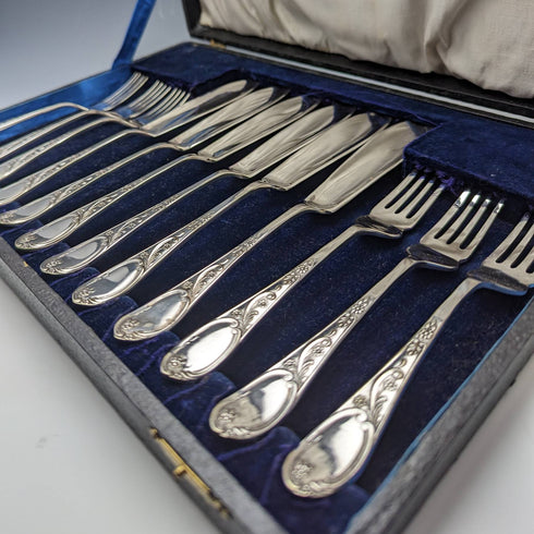 1920 年左右英國古董銀盤魚餐具 6 件套盒裝