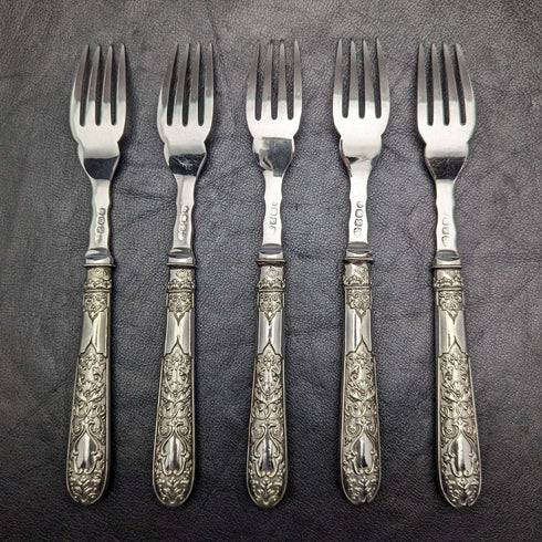 Around 1860 British antique silver plate fish cutlery 5 pair set in wooden box