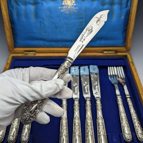 Around 1860 British antique silver plate fish cutlery 5 pair set in wooden box