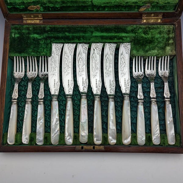 Late 19th Century British Antique White Pearl Shell Handle Sterling Silver Blade Fish Cutlery 6 Pair Set in Wooden Box