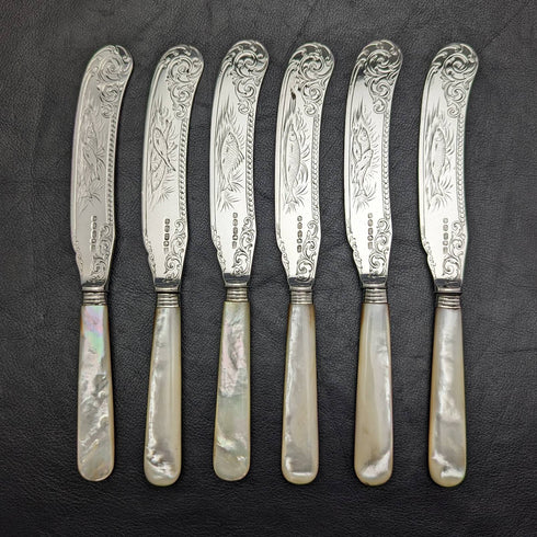 19世紀後半 英国アンティーク 白蝶貝ハンドル 純銀ブレード フィッシュカトラリー6ペアセット 木箱入り