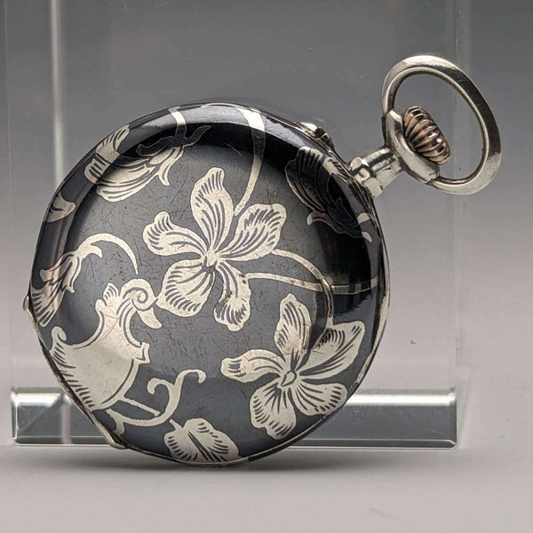 Antique Swiss made unsigned silver side niello inlaid case ladies' pocket watch works well