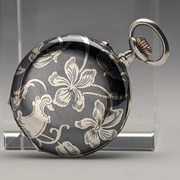 アンティーク スイス製無銘 銀側ニエロ象嵌ケース レディース懐中時計 動作良好