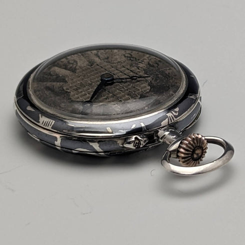 アンティーク スイス製無銘 銀側ニエロ象嵌ケース レディース懐中時計 動作良好