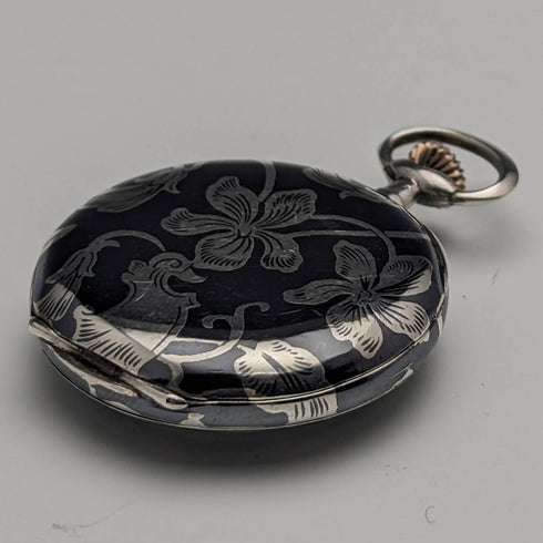 アンティーク スイス製無銘 銀側ニエロ象嵌ケース レディース懐中時計 動作良好