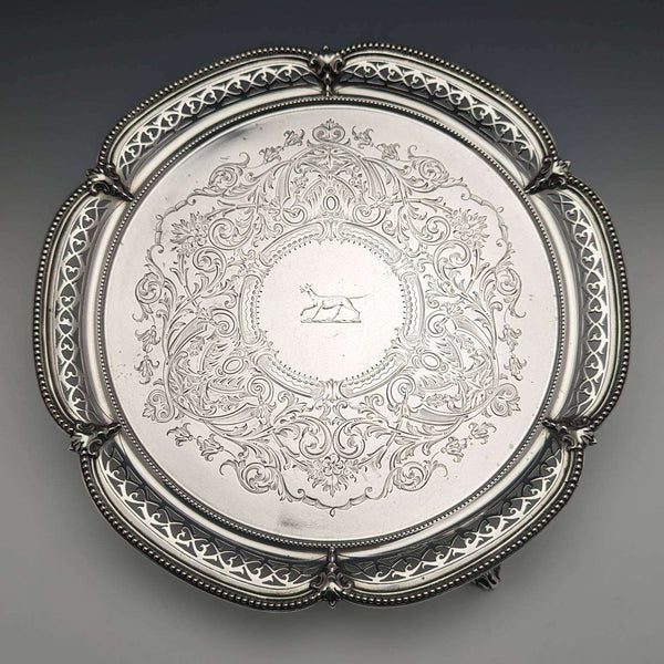 1870 British Antique Sterling Silver Salva Diameter 26cm 523g Henry Holland